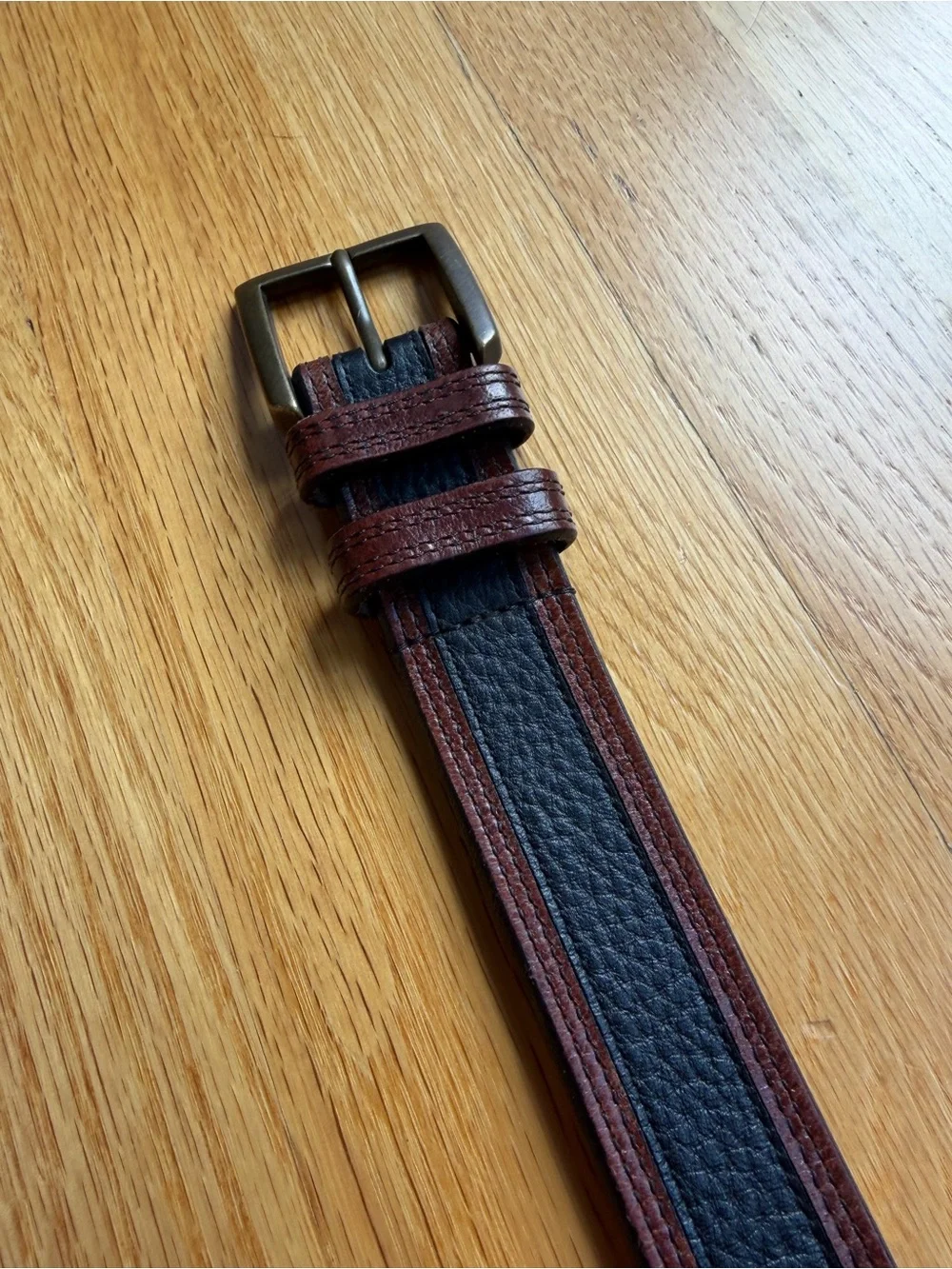 Allen Edmonds Two-Tone Brown and Black Leather Belt with Brass Buckle